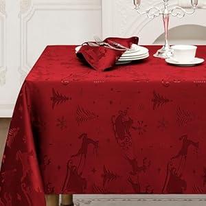 Romanstile Red Christmas Tablecloth Rectangle - Jacquard Deer Xmas Tree Thick Table Cloths Waterproof & Stain Resistant Washable Table Cover for Holiday Winter Dining Party (60 x 84 inch)