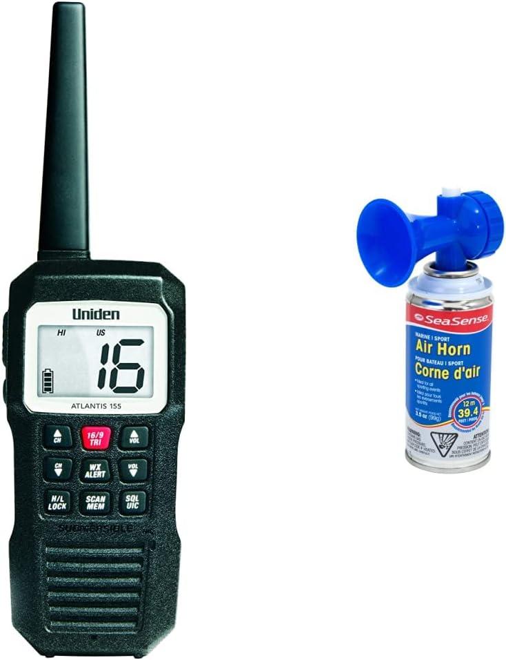 Uniden Atlantis 155 Handheld Marine Radio + SeaSense Large Air Horn