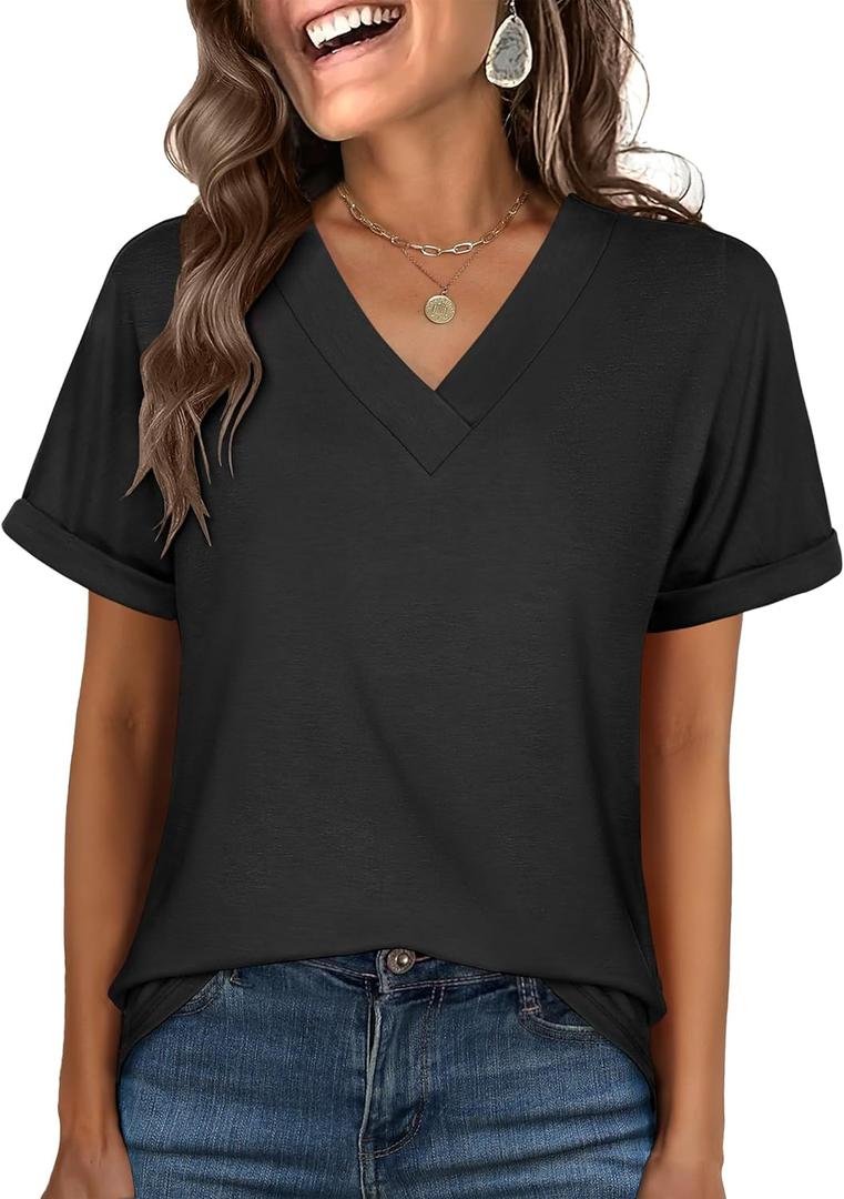 3 x ANRABESS Womens T Shirts Short Sleeve V Neck Shirts Summer Loose Fit Dressy Tops Business Casual Blouses 2026 Basic Tees (Black, L)