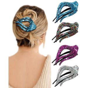 French Concord Curved Hair Clips - 4Pcs Acrylic Clips for Women's Thick, Flat Hair With Strong Hold (Medium, Shiny Silver/Green/Blue/Rose Red)