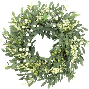 Sggvecsy Artificial Eucalyptus Wreath for Front Door 21 Inch with Greenery Leaves Green White Berries Silk Dollar Leaves for Spring Summer Farmhouse Window Porch Wall Home Indoor Outdoor Decor