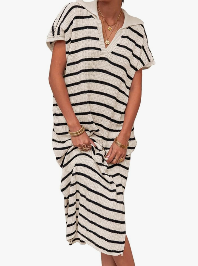 Zesica Womens Striped Summer Dresses Short Sleeve V Neck Knit Collared Sexy Slit Loose Maxi Sweater Dress S