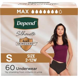 Depend Silhouette Adult Diapers, Incontinence & Postpartum Bladder Leak Underwear for Women, Maximum Absorbency, Small, Black, 60 Count (2 Packs of 30), 