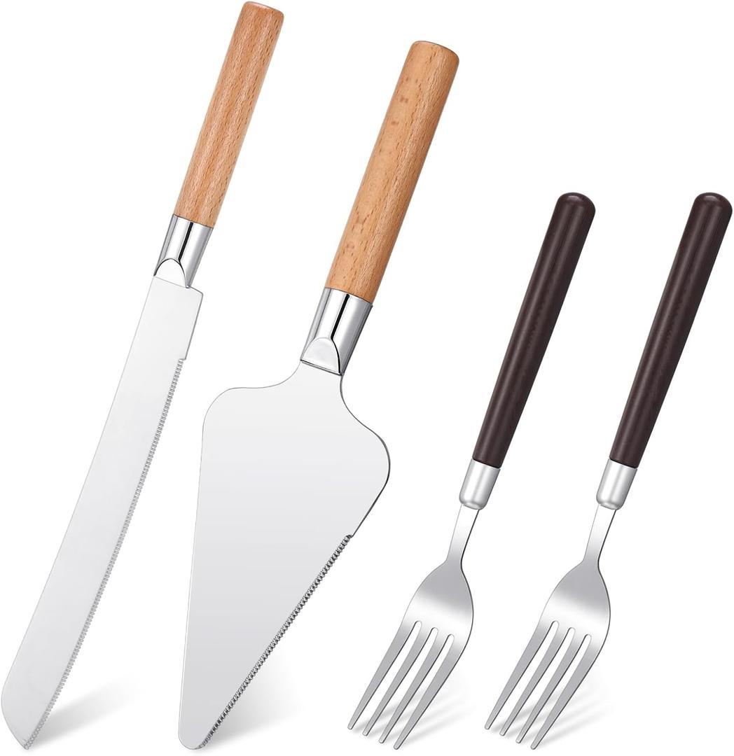 4 x LemonRoad 4 Pcs Wedding Cake Knife and Server Set Wood Cake Cutting Set for Wedding Vintage Pie Cutter Silver Dessert Utensils with Forks for Christmas Bride and Groom