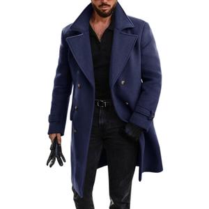Runcati Men's Double Breasted Trench Coat Mid Long Jacket Notched Lapel Winter Chunky Warm Overcoat (Large, Navy Blue)