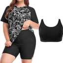 Inno 3 Piece Plus Size Swimsuit for Women with Bra Rash Guard Short Sleeve with Boyshorts UPF 50+ Surfing Swimwear 2026, Black White with Bra, 3X