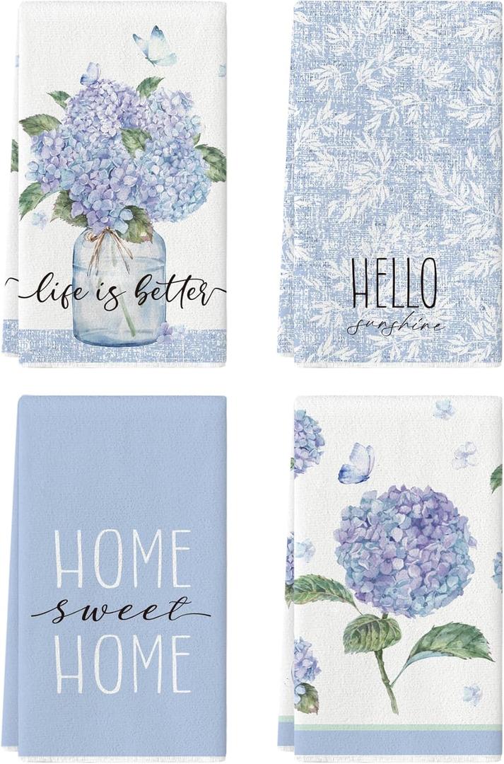 4 Pcs Blue Spring Hydrangeas Kitchen Towels, 27.5x20 Inch Watercolor Floral Decorative Kitchen Hand Towels, Summer Farmhouse Absorbent Dishcloth Fast Drying for Cooking (Hydrangeas)