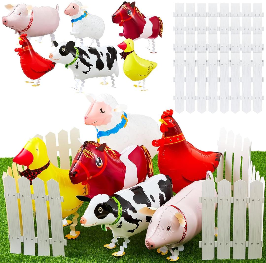 Soulchen 10 Pcs Adopt a Farm Animal Themed Party Favor Include 6 Walking Animals Balloons and 4 Picket Fence Cutouts for Farm Theme Birthday Gifts Baby Shower Photography Party Decorations