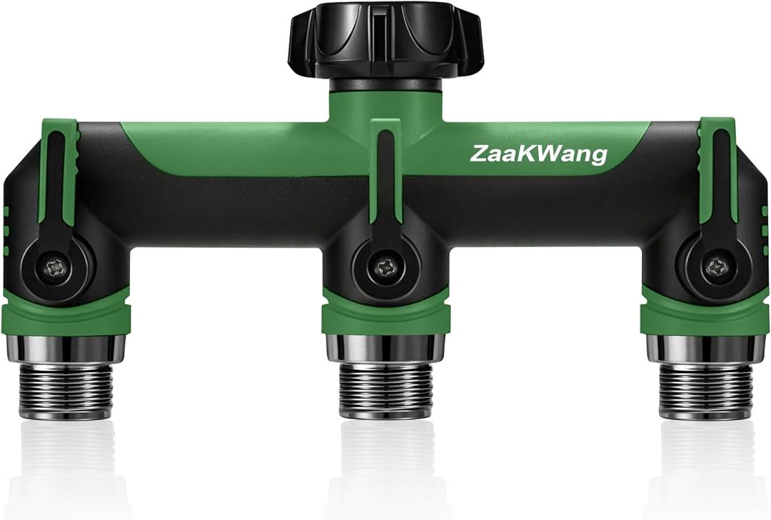 Full Flow Heavy Duty 3 Way Hose Splitter, Rugged Garden Faucet Adapter, Spout Diverter T - Way Adapter with Extended Handle, 3/4 GHT Thread, Green