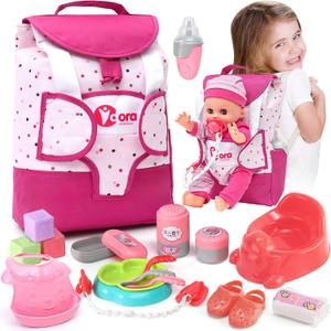 Baby Doll Accessories Playset, Baby Doll Care Toys with Changing Bag Backpack Feeding Set Doll Nappies Bottle Bath, Birthday Toys for Kids Girls (Doll Not Included)