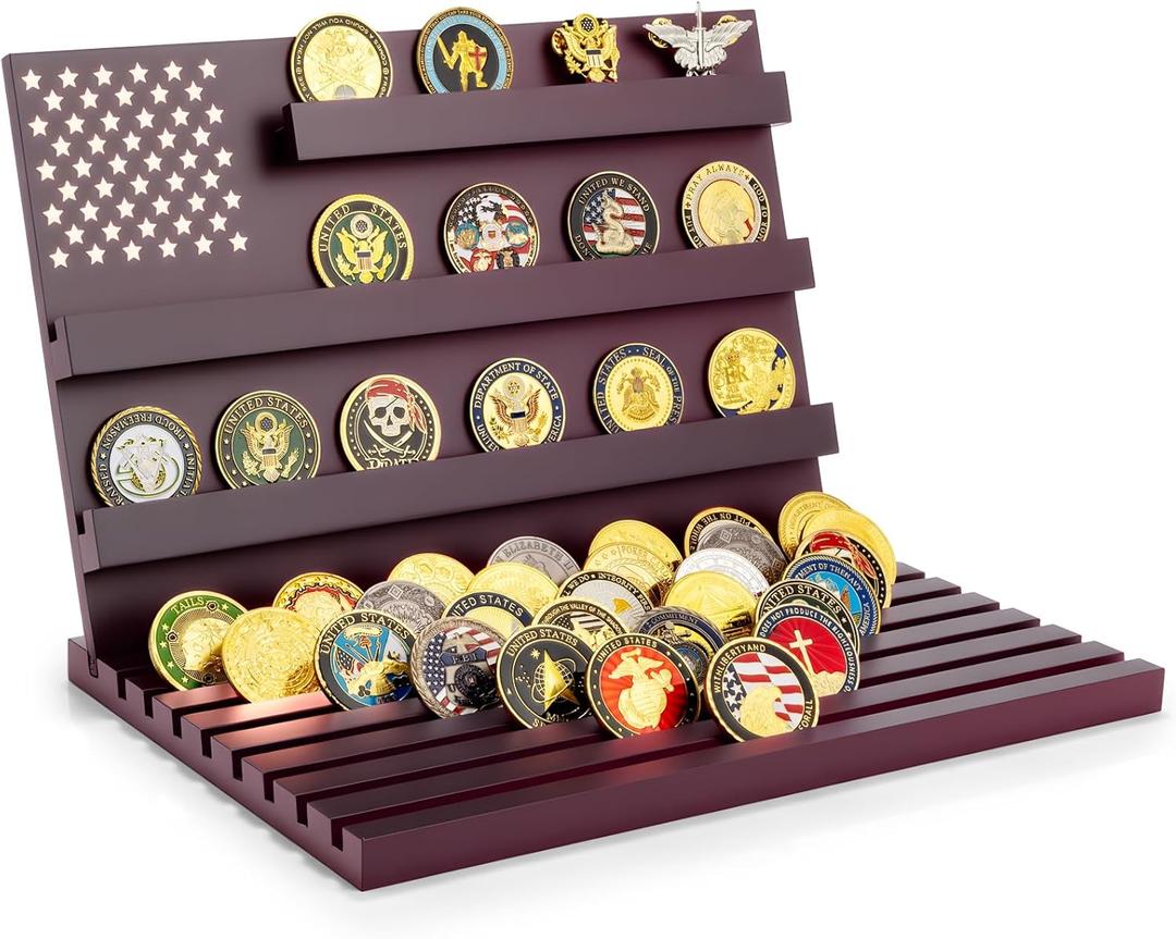 Challenge Coin Display Stand - 11 Rows Military Coins Holder Rack, Wooden Coin Collection Case for Table Top Display