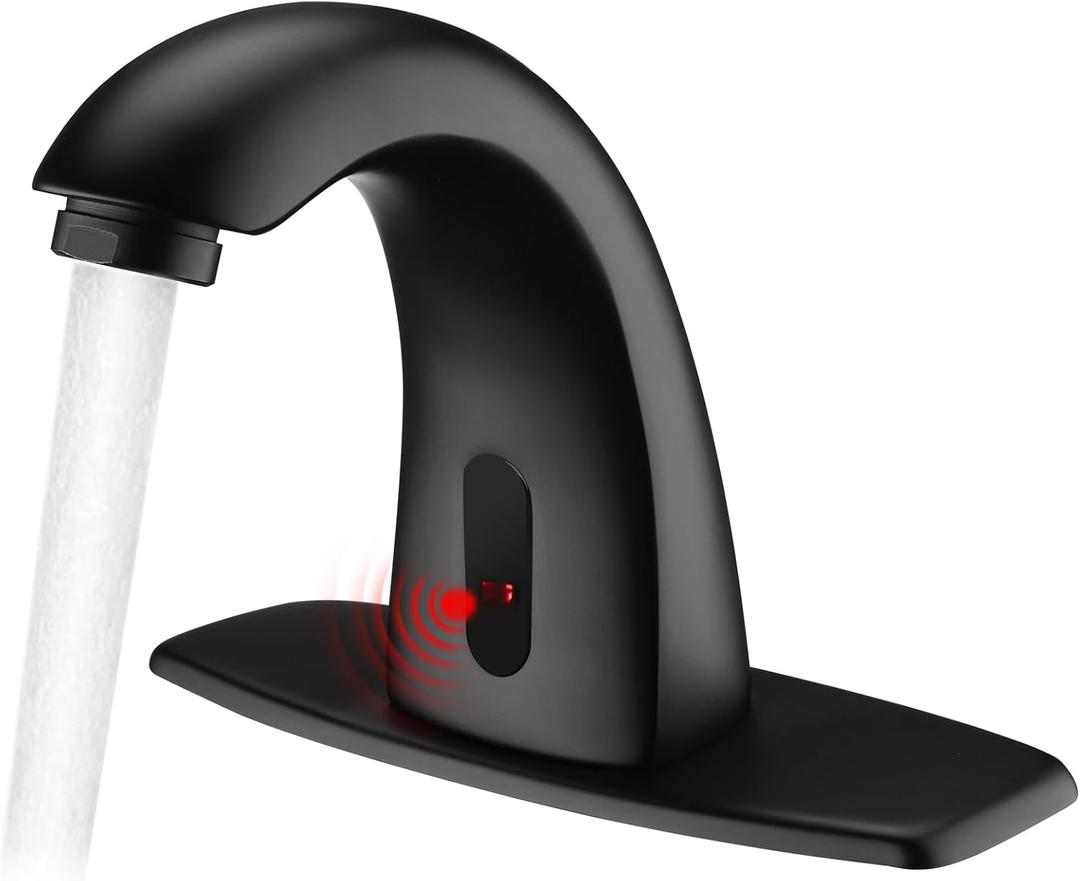 Touchless Bathroom Sink Faucets, Automatic Motion Sensor Sink Faucet with Hole Cover Deck Plate, Commercial Sink Faucet for Bathroom (Black)