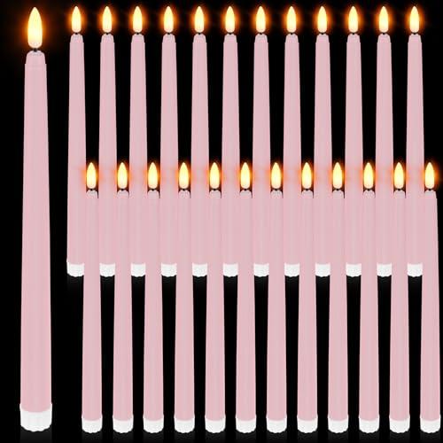 Macarrie 24 Packs Flameless Taper Candles Battery Operated Fake 11 Inch Long Candle Light LED Flameless Candlesticks Flickering Tapered for Wedding, Halloween, Christmas(Pink)