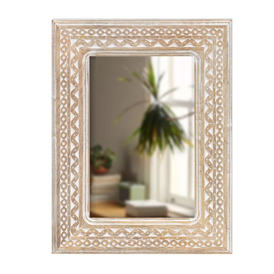 The Wooden Town Wall Mirror,Solid Wood Frame Vanity Mirror, Farmhouse Decorative Wall Mirror for Bathroom, Bedroom, Living Room & Entryway, Vertical/Horizontal Hanging, 24x16 White Wash, Wood & Glass
