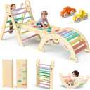 BlueWood Pikler Triangle Set 7in1 Foldable Baby Climbing Toys Wooden Montessori Climbing Set with Arch&Ramp&Ladder Baby Climber Indoor Jungle Gyms for Toddlers Montessori Toys - Rainbow
