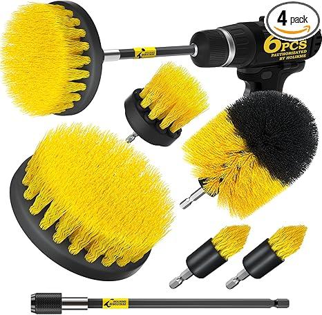 6 Pack Drill Brush Power Scrubber Cleaning Brush Extended Long Attachment Set All Purpose Drill Scrub Brushes Kit for Grout, Floor, Tub, Shower, Tile, Bathroom and Kitchen Surface, Yellow