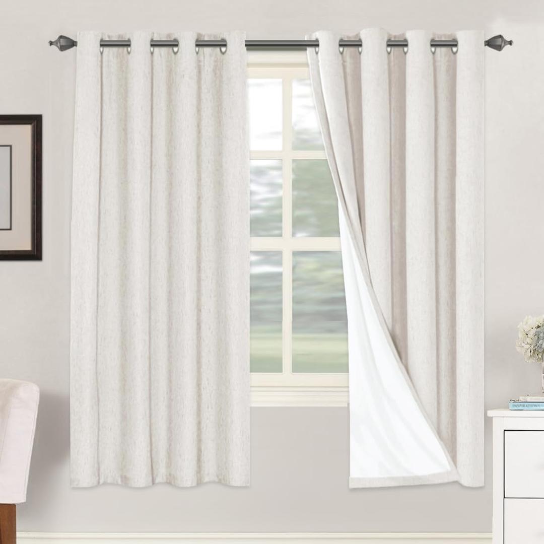 H.VERSAILTEX Linen Blackout Curtains 72 Inches Long 100% Absolutely Blackout Thermal Insulated Textured Linen Look Curtain Draperies Anti-Rust Grommet, Energy Saving with White Liner, 2 Panels, Ivory