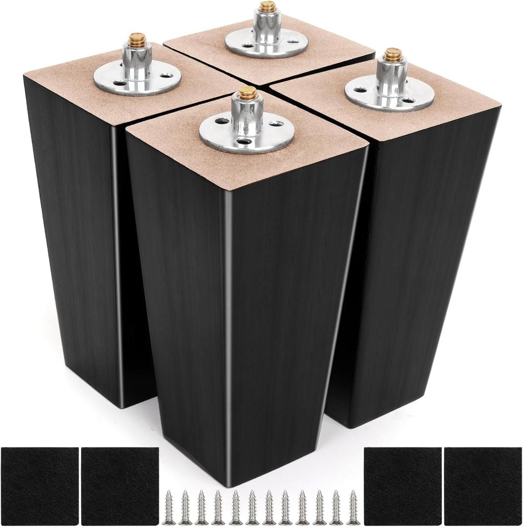 Couch Legs 6 Inch Heavy Duty Sofa Legs Wood Furniture Legs Feet Replacement, Wooden Square Couch Risers Mid Century Modern Furniture Legs for Armchair Recliner Table Dresser Sideboard Nightstand (Bk)