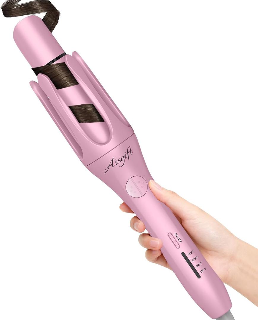 Automatic Curling Iron 1.25 Inch, 2-Way Auto Rotating, Hair Curler for Beach Waves Curling Wand, 4 Temperatures, Fast Heating Ceramic Coating, Anti-Tangle, Anti-Scald, Auto Shut-Off (Pink)