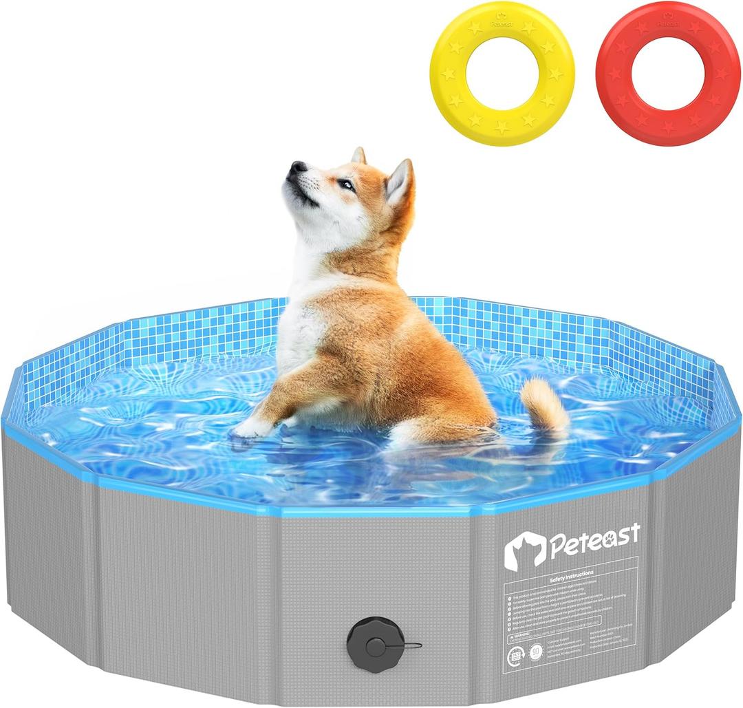 Peteast Foldable Dog Pool with 2 Flying Disks, Durable Hard Plastic Dog Swimming Pools for Large Dogs, Collapsible Pet Pool for Backyard & Indoor, Ideal Kiddie Pools for Dogs and Kids, 32 in