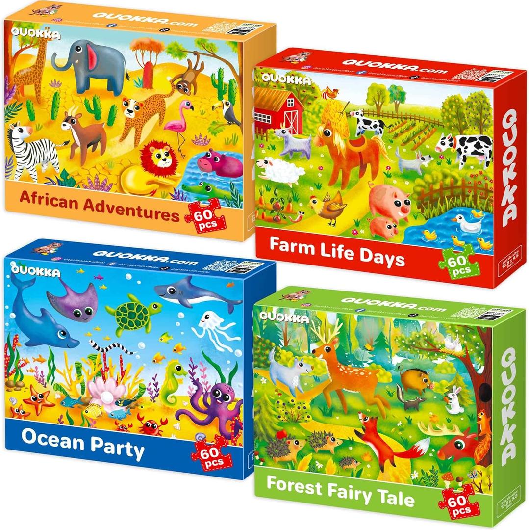 QUOKKA Puzzles for Kids Ages 4-6 - Set of 4x60 Jigsaw Puzzles for Toddlers 3-5 - Animals Toys for Children 6-8 yo - Gift Educational Game for Boys & Girls