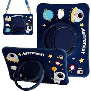 Cute Case for Apple iPad 9th 8th 7th Generation 10.2 Inch 2021/2020/2019 Model, EVA Kickstand Heavy Duty Shockproof Kids Friendly Bumper Case with Shoulder Strap Cover for iPad 10.2", Blue Astronaut