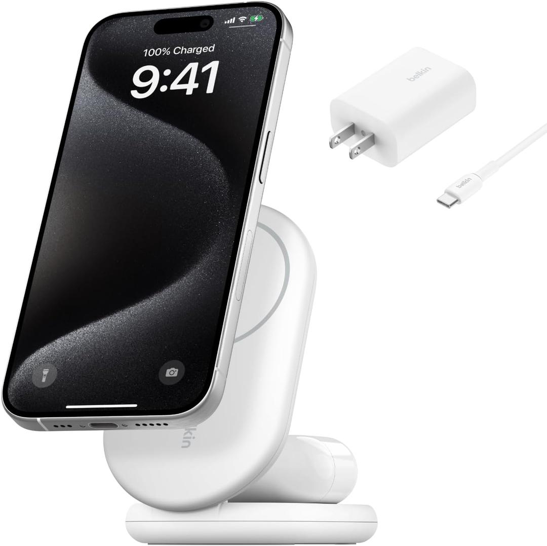Belkin MagSafe-Compatible Charger, 2-in-1 Magnetic Foldable Charger 15W - Qi2-Certified Wireless Charging for Apple iPhone 16, Apple Watch, Samsung Galaxy S25 w/Non-Slip Base, PSU Included - White