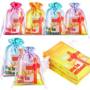 36 Pcs Religious Easter Gift Bag He Is Risen Treat Bags 4 x 6 Inch Satin Drawstring Bags Easter Christian Candy Goodie Bags for Church Sunday School Happy Easter Party Favor Bags Supplies