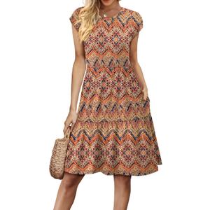 WIHOLL Summer Dresses for Women 2025 Cap Sleeve Casual Sundresses Floral Tiered Swing Babydoll Vacation Mini Dress (Small, 02 - Boho Print)