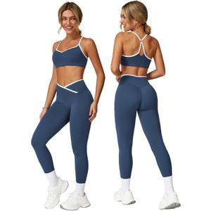 ABOCIW Workout Sets for Women 2 Piece Color Block Strappy Sports Bra High Waist Shorts Gym Yoga Pilates Outfits (Small, Navy)