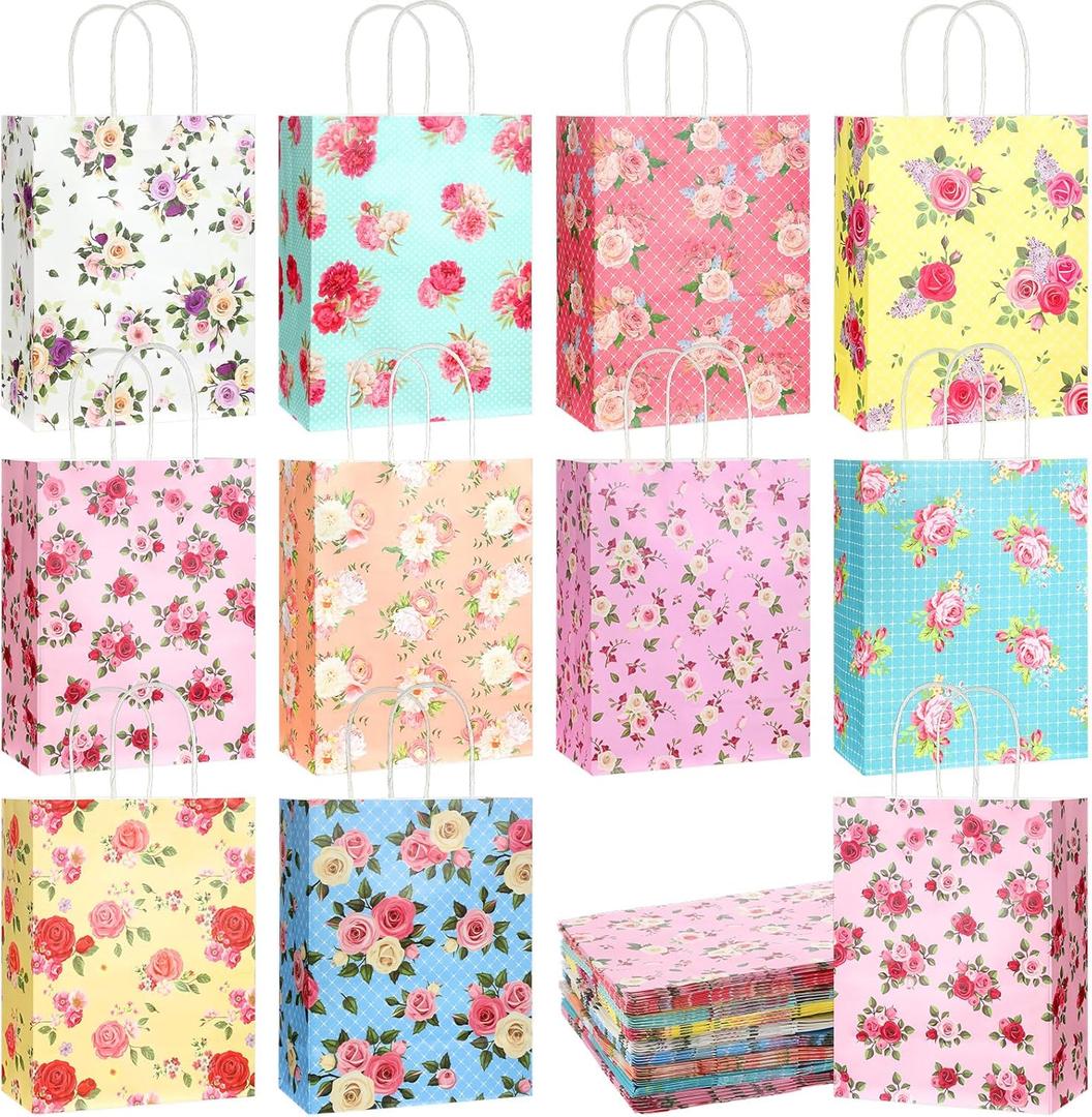 Geyoga 50 Pcs Floral Gift Bags with Handles, Paper Gift Flower Vintage Paper Bags with Colorful Rose for Wedding Mother's Day Birthday, 10 Styles(10.5 x 8.5 x 4.5)