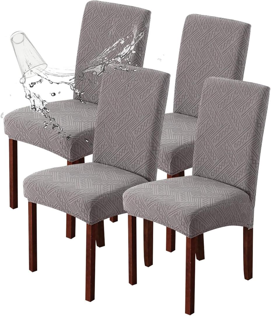 Genina Waterproof Dining Room Chair Covers Stretch Parsons Chair Slipcovers for Dining Room Kitchen Chair Protector Cover, Removable, Washable (4, Pattern1-Light Gray)