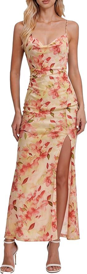 Women's 2026 Floral Cami Dress Sleeveless Cocktail Party Spaghetti Strap Wedding Guest Long Maxi Dresses (US, Alpha, Small, Regular, Regular, Red Floral Print)