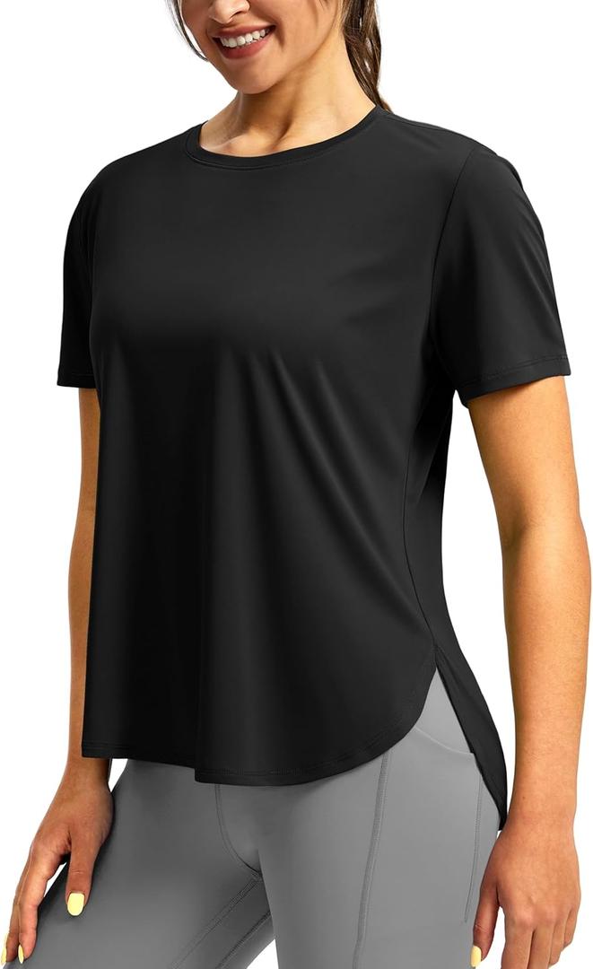 Soothfeel Women's Workout Shirts Short Sleeve Breathable UPF 50+ Sun Protection Athletic Tees T-Shirts Yoga Gym Running Tops(blackM)