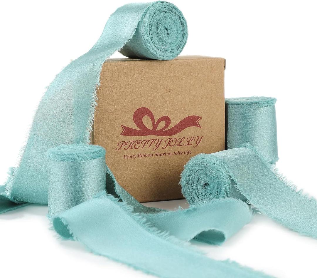 Pretty Jolly Blue Silk Satin Ribbon for Flower Bouquet 4 Rolls 1 Inch x 5Yd Handmade Frayed Fabric Ribbons for Gift Wrapping,Crafts,Baby Shower,Wedding Invitations,Hair Bows and Holiday Decor