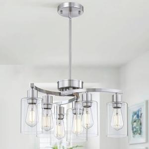 6-Light Modern Chandelier, Brushed Nickel Dining Room Light Fixture, Farmhouse Industrial Chandelier Hanging Over Table, Height Adjustable Pendant Lighting for Kitchen Island Foyer, Clear Glass Shade