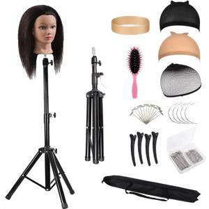 Reinforced Wig Stand Tripod 59" Heavy Duty Adjustable Mannequin Head Stand Tripod for Styling Cosmetology Hairdressing Training, Wig Head Stand Holder Set with Wig Caps,Comb T-Pins,Hair Clips,Headband (59" Black Tripod)