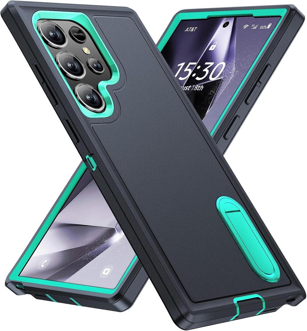 BaHaHoues for Samsung Galaxy S24 Ultra Case with Built in Kickstand, Shockproof/DropProof Military Grade Protective Cover for Galaxy S24 Ultra 5G (Dark Blue/Aqua Blue)