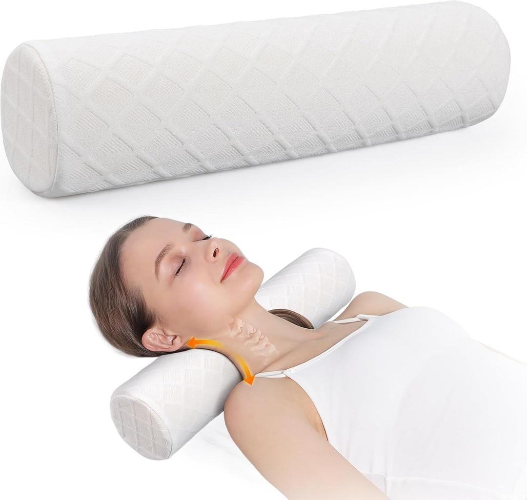 Cozyhealth Small Cervical Roll Pillow Memory Foam Neck Round Pillow, Cylinder Bolster Pillow for Sleeping, Round Neck Support Pillow for Head, Neck, Back, Legs and Yoga (White, Large - 4.7" H)