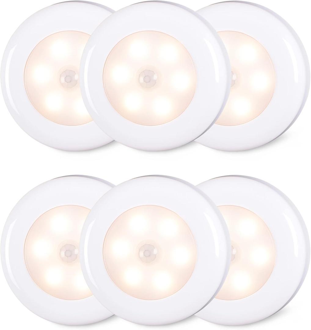 STAR-SPANGLED 6 Pack 2.8 Motion Sensor Lights Indoor AAA Battery Operated, Stick on LED Puck Light for Stairs, Under Cabinet, Closet, Warm White