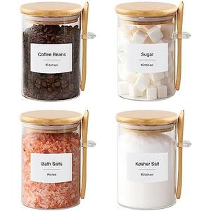 TIPGO Sugar Jar Bath Salt Container – 17 oz Glass Jar with Bamboo Lid and Spoon, Sugar Cube Holder and Canister for Countertop, Glass Containers for Coffee Beans, Tea and Overnight Oats (4 Pack)