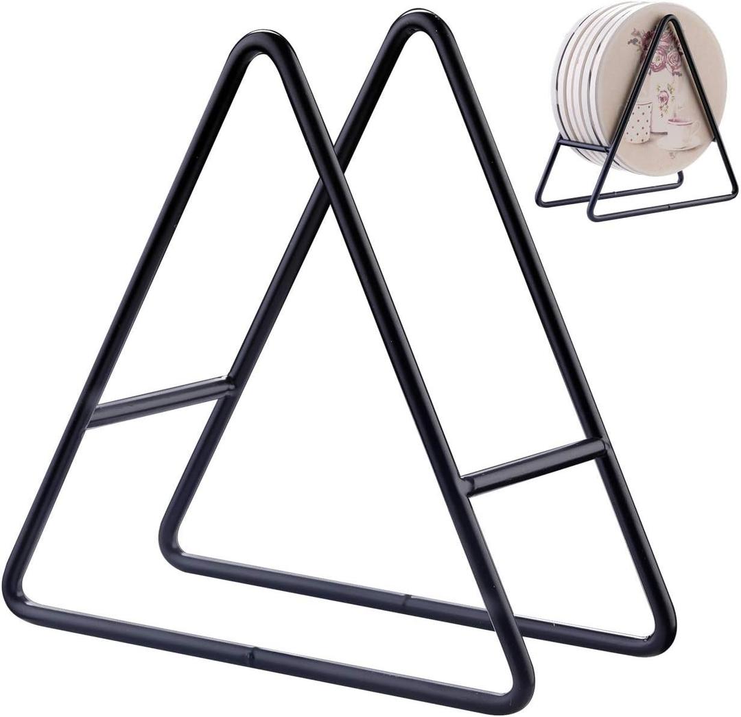 2PC Triangle Coaster Holder Black Iron Metal Holder Storage Caddy for Both Round and Square Coasters Fit 4 to 9 Pieces Coasters,4.3 Inch