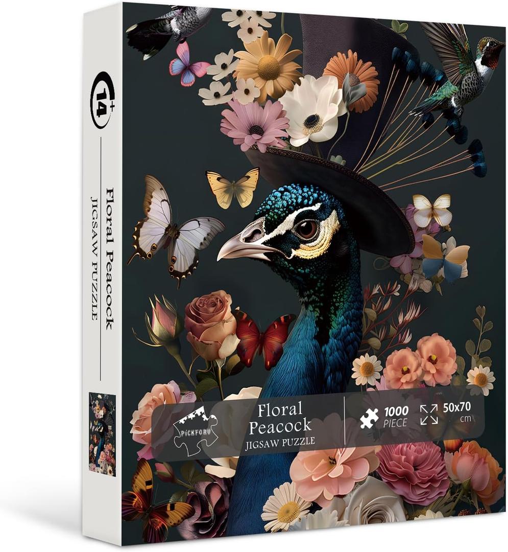 Peacock Puzzles for Adults 1000 Pieces, PICKFORU Colorful Flower Bird Jigsaw Puzzles Hummingbird Butterfly, Difficult Challenging Vintage Animals Art Theme as Wall Decor