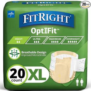 FitRight OptiFit Extra Adult Briefs with Tabs, Unisex, X-Large (56-64 Inches), Moderate Absorbency, Comfortable and Protective, Ideal for Medical Patients, Hospitals, Nursing Homes, Pack of 20