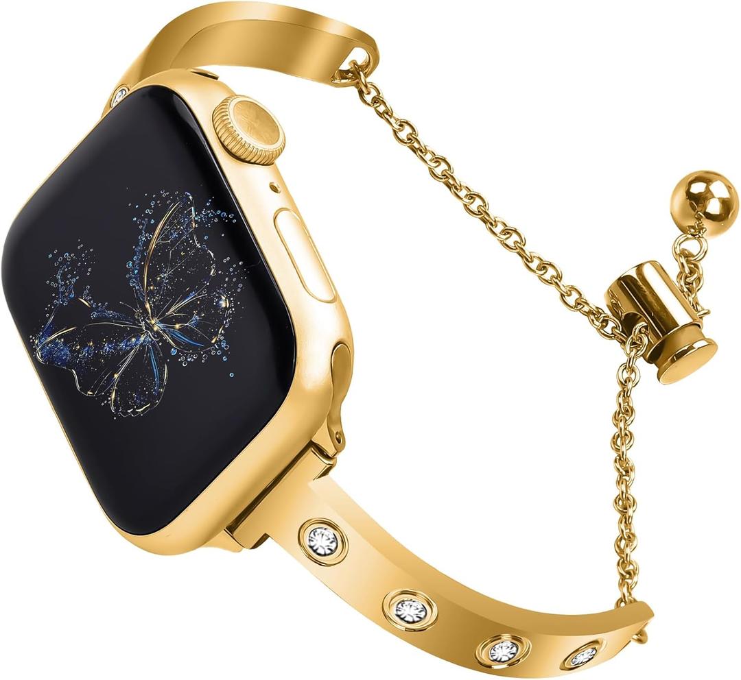Stainless Steel Band Compatible with Apple Watch 38mm 40mm 41mm 42mm 44mm 45mm 46mm 49mm Pretty Luxury Strap with Sparkle Diamond, Dressy iWatch Bracelet, Bling Thin Band for Women (Gold)