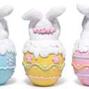 Hodao Easter Bunny Figurines Set of 3  5.3" Hand-Painted Resin Decorations with Pastel Easter Egg Design  Perfect for Spring Dcor, Tabletops, and Festive Displays (Color 3pcs)