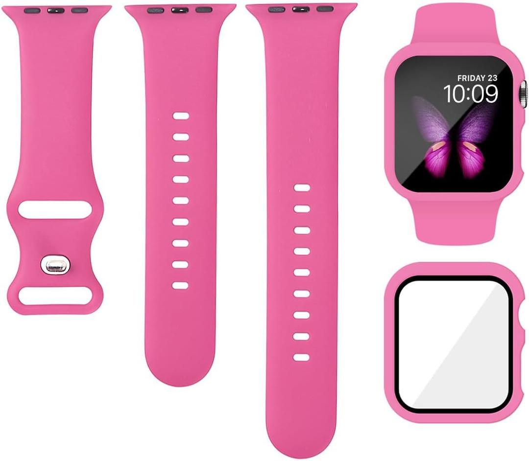 Sport Silicone Band and Case Compatible with Apple Watch Bands 38mm 40mm 41mm 42mm 44mm 45mm 46mm, Waterproof Apple Watch Strap & Screen Protector iWatch Series 11 10 9 8 SE 7 6 5 4 3 2 1 for Women Men (Hot Pink)