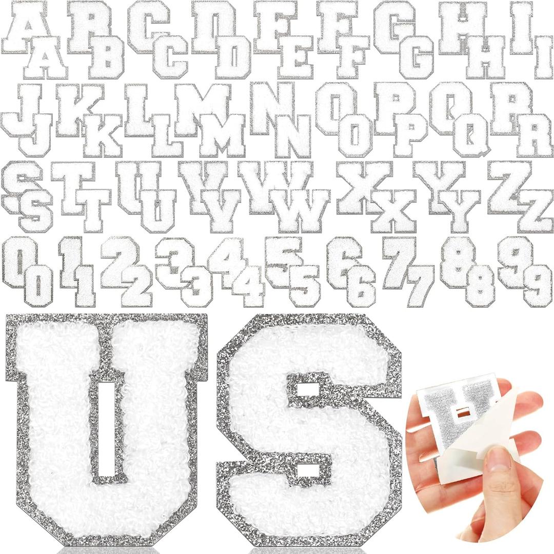 Jutom 72 Pcs Chenille Letter Patches Iron on Letter Number Patches Self Adhesive Chenille Embroidered Decals for Clothing (White with Silver Edge)