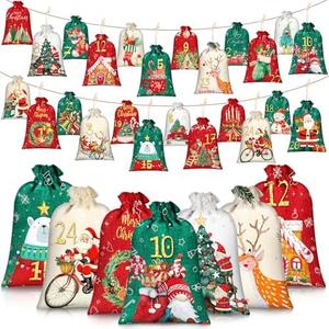 Yoojahow 24 Pcs 2025 Christmas Advent Calendar Number Bags Christmas Gift Burlap Drawstring Bags Reusable DIY Countdown Advent Calendar Set with Rope and Clips for Christmas Home Decorations Gift