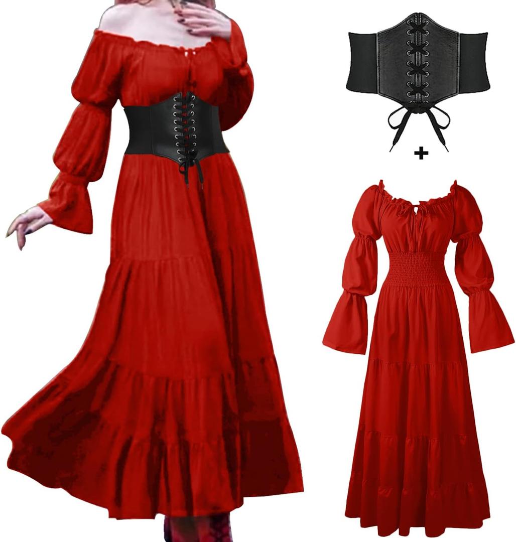 BITSEACOCO Halloween Renaissance Dress for Women, Medieval Victorian Gothic Pirate Peasant Witch Costume Irish Fairy Dresses (Medium, Wine Red)